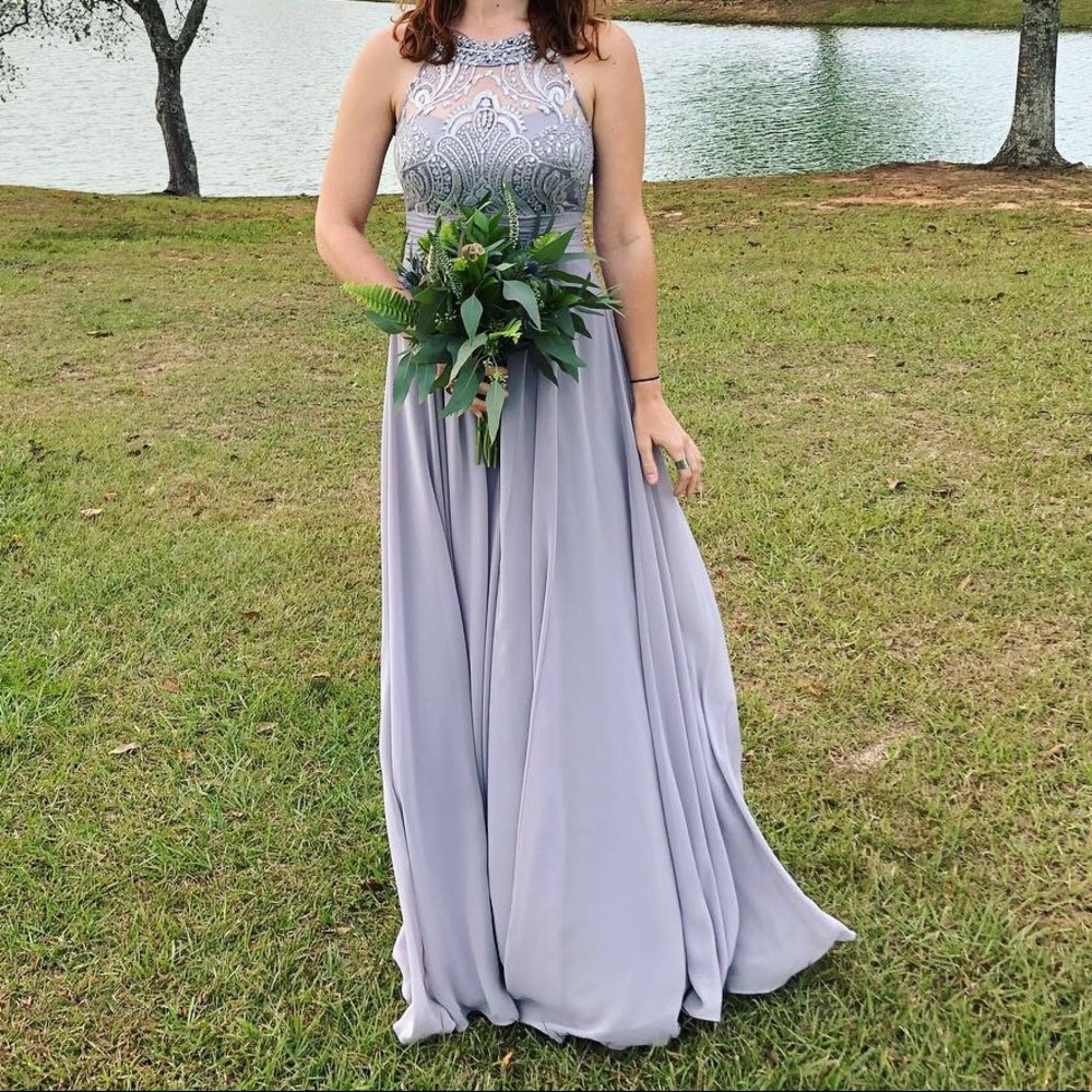 Full length gray and silver sequin dress